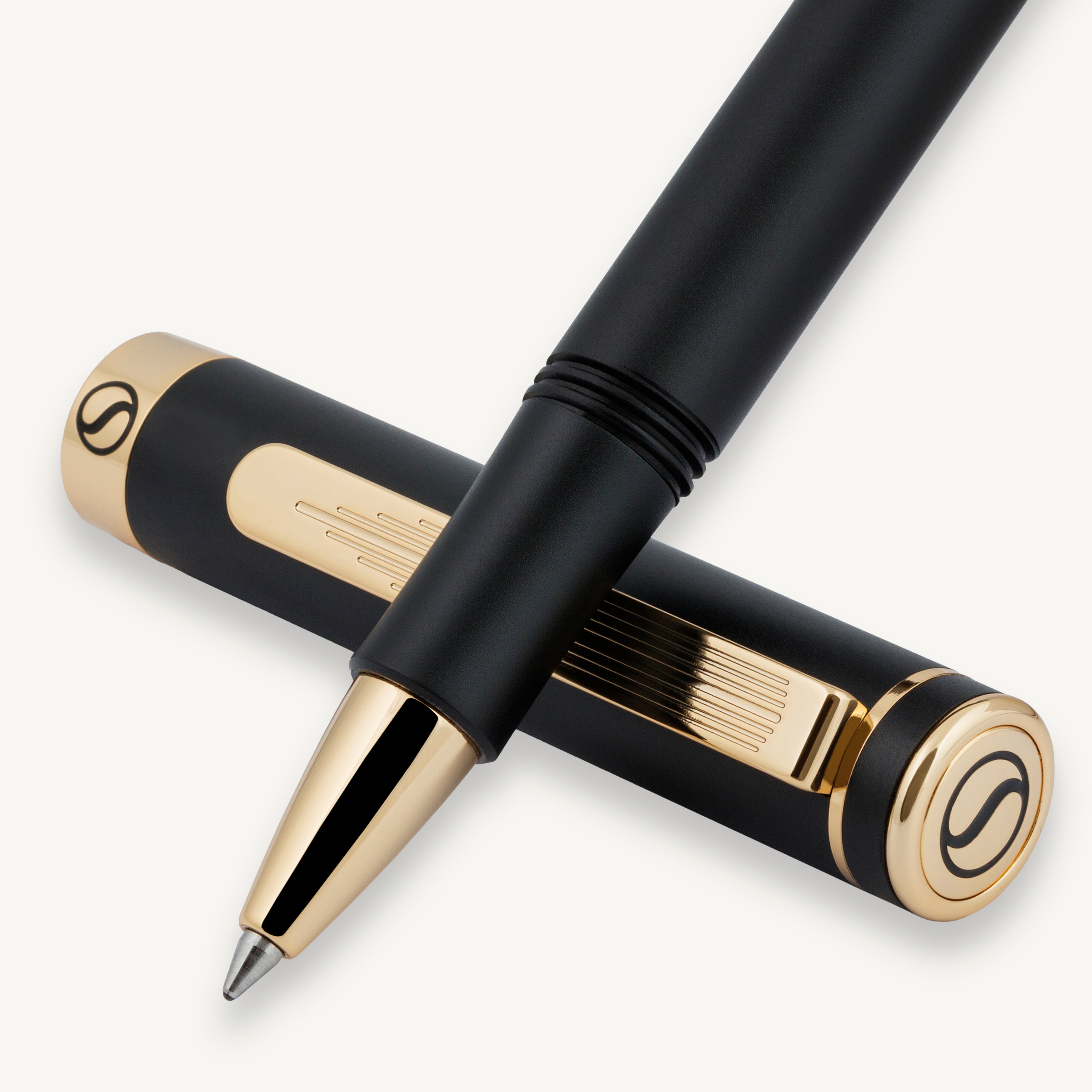 Scriveiner EDC Black Rollerball Luxury Pen, Stunning Pocket Pen with Gold Finish