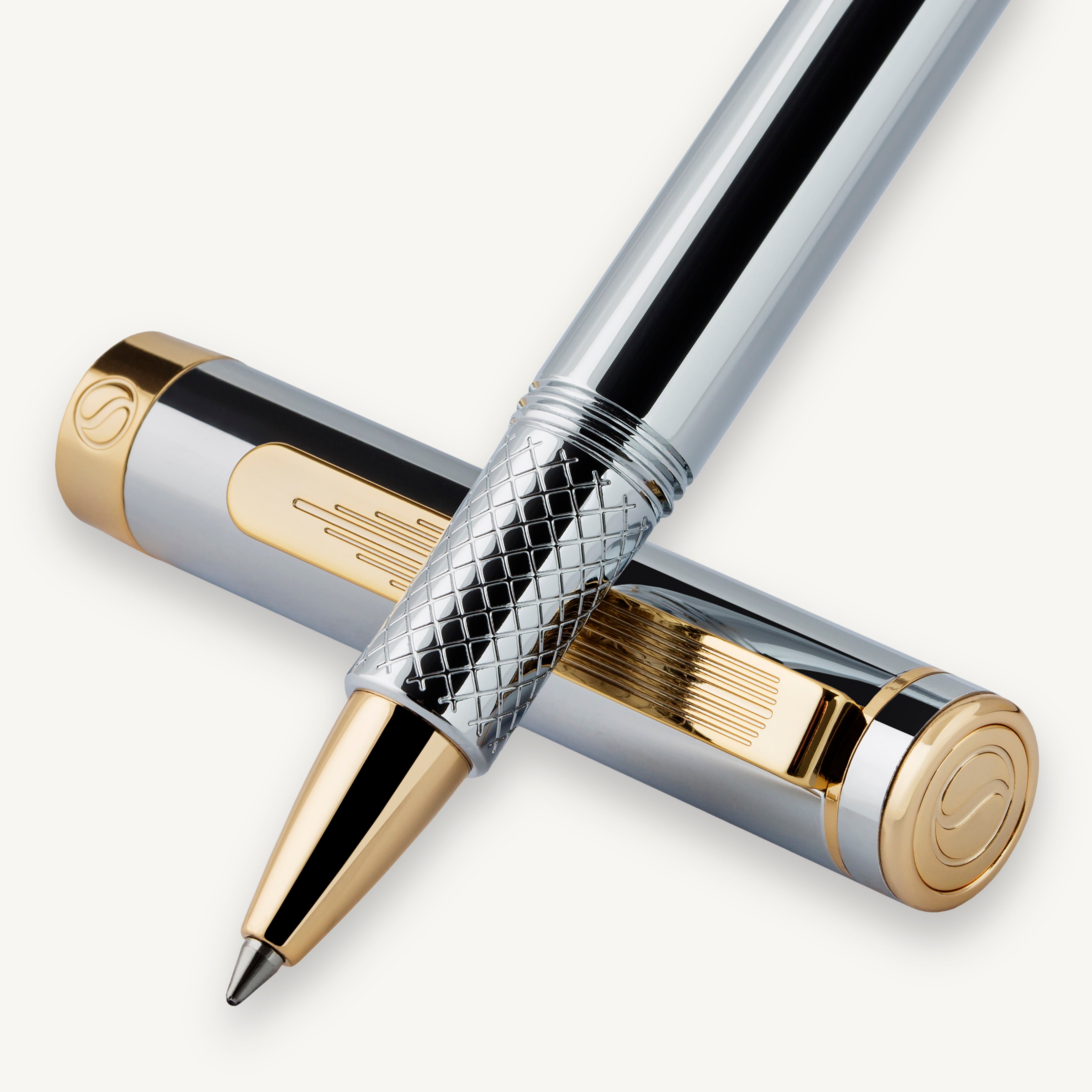 Scriveiner EDC Silver Chrome Rollerball, Award Winning Luxury Pen, Heavy Pocket Pen, Gold Finish
