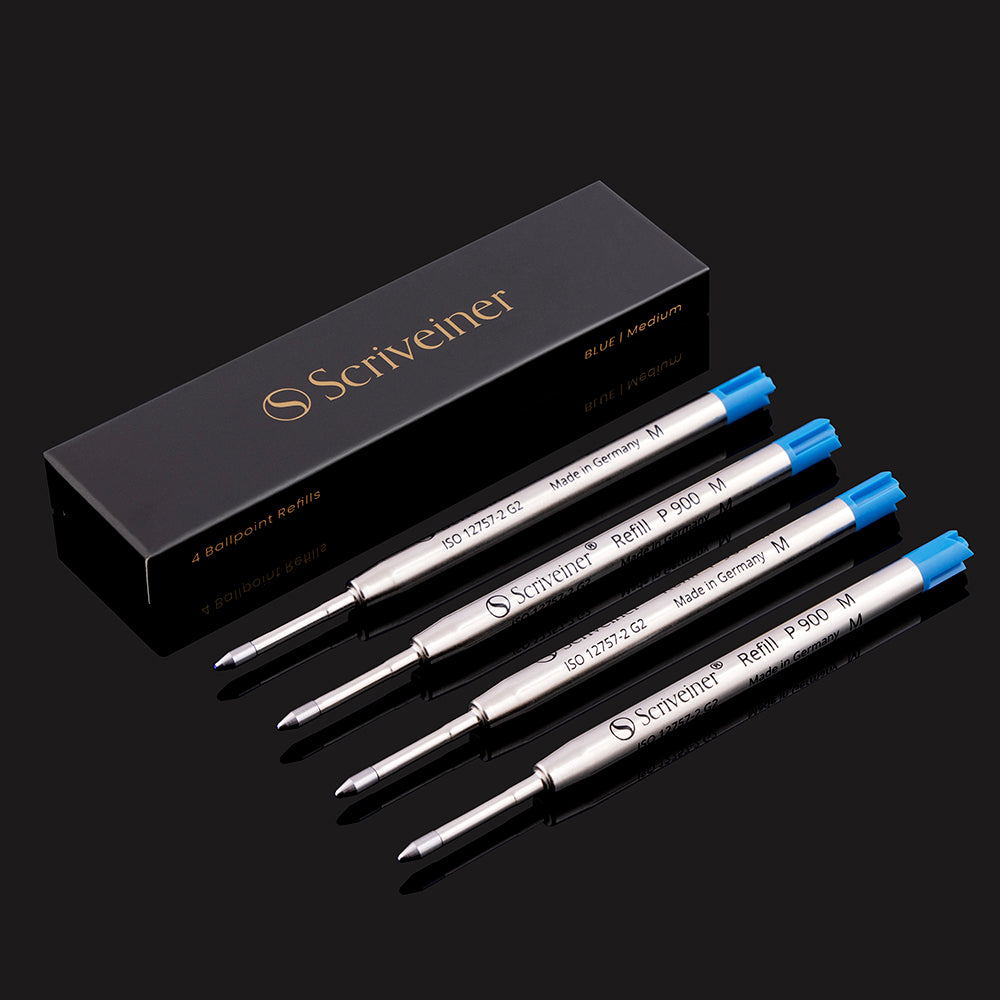 Scriveiner Ballpoint Refill Blue Medium - 4 Ballpoint Refills Designed Pens - Stainless Steel Tip with Tungsten-Carbide Ball Refill M - Made in Germany