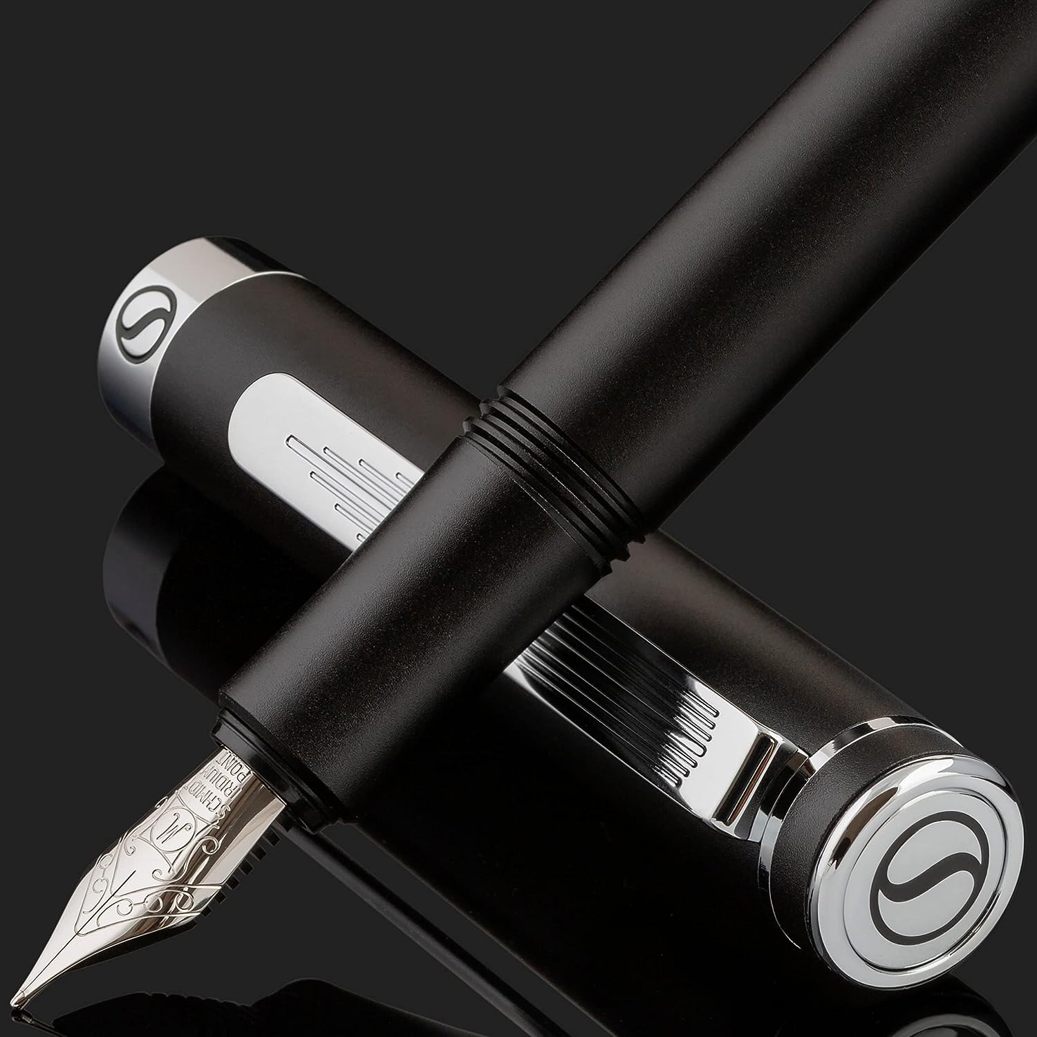 Scriveiner Luxury EDC Fountain Pen (Medium), Stunning Matt Black Pocket Pen, Chrome Finish