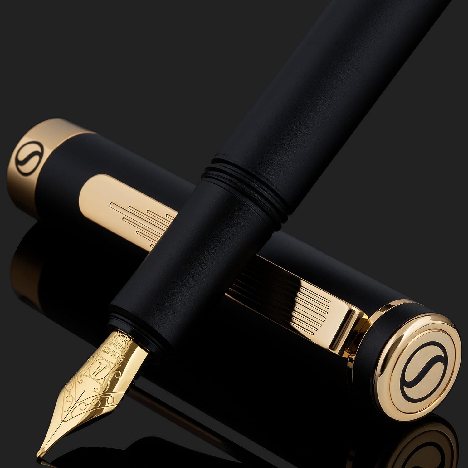 Scriveiner Luxury EDC Fountain Pen (Medium), Stunning Black Pocket Pen, 24K Gold Finish