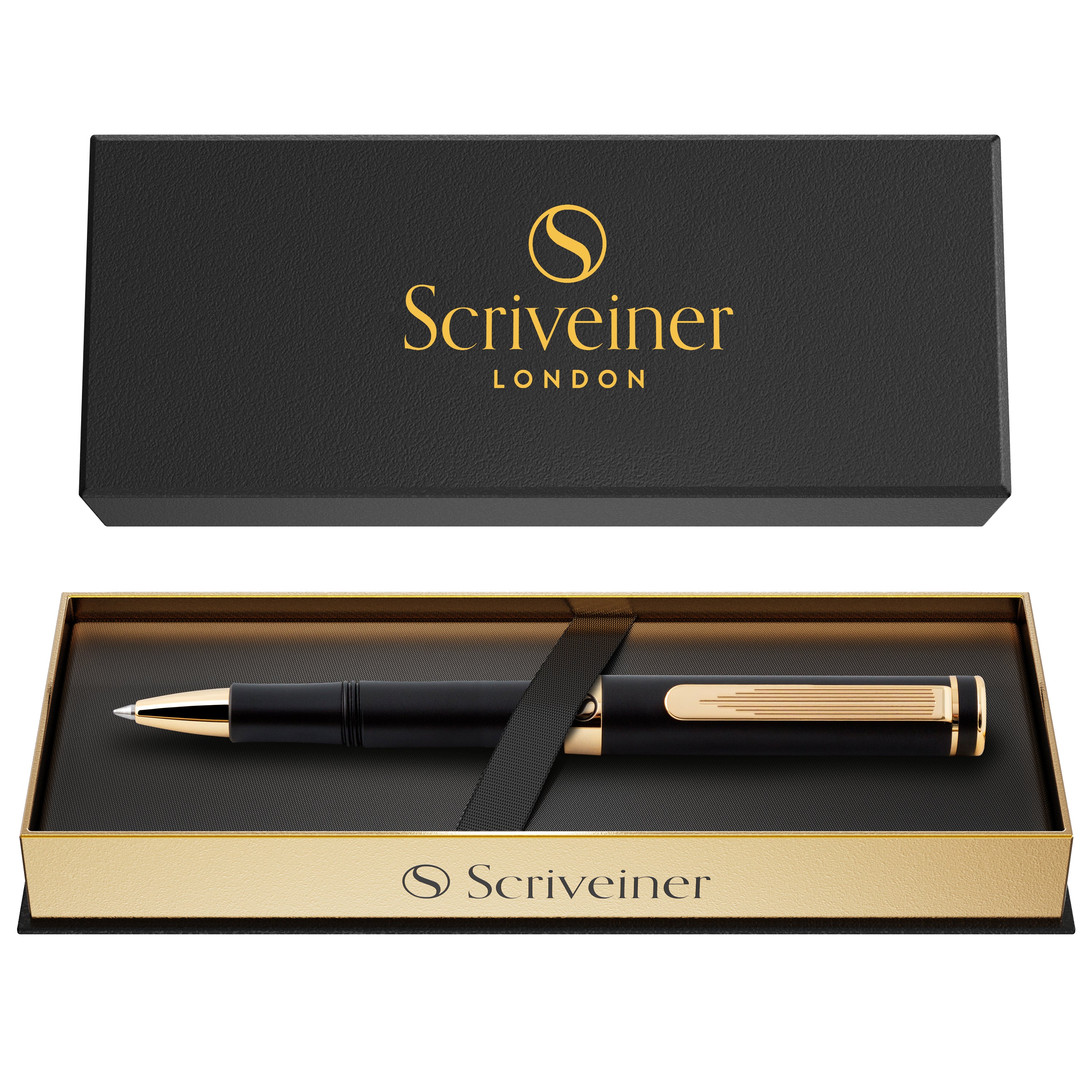 Scriveiner EDC Black Rollerball Luxury Pen, Stunning Pocket Pen with 24K Gold Finish