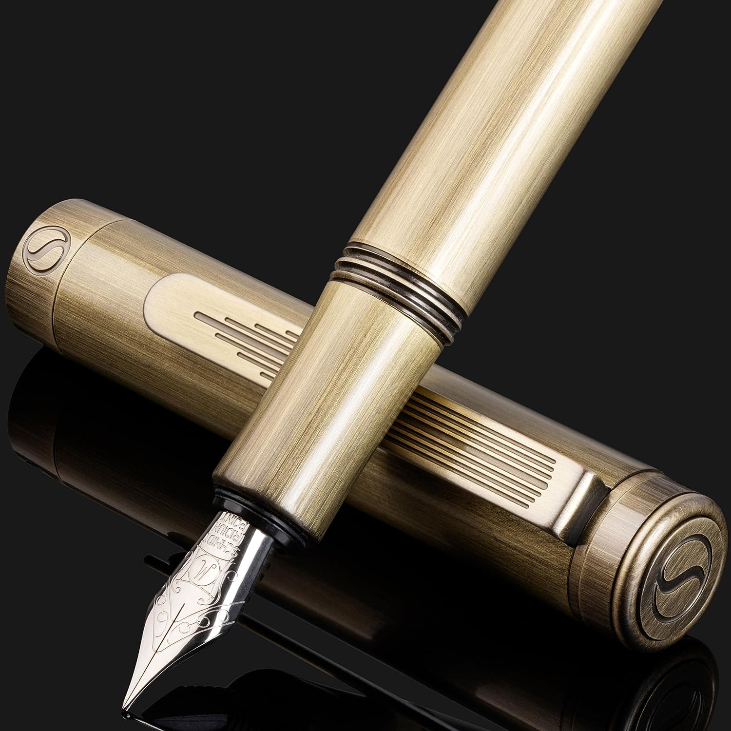 Scriveiner Luxury EDC Fountain Pen (Medium), Stunning Heavy Brass Pocket Pen, Hand Brushed Bronze Finish