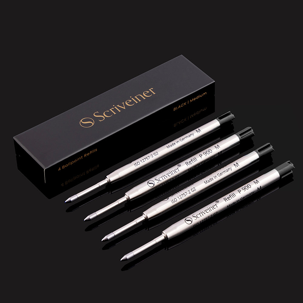 Scriveiner Ballpoint Refill Black Medium - 4 Ballpoint Refills Designed Pens - Stainless Steel Tip with Tungsten-Carbide Ball Refill M - Made in Germany