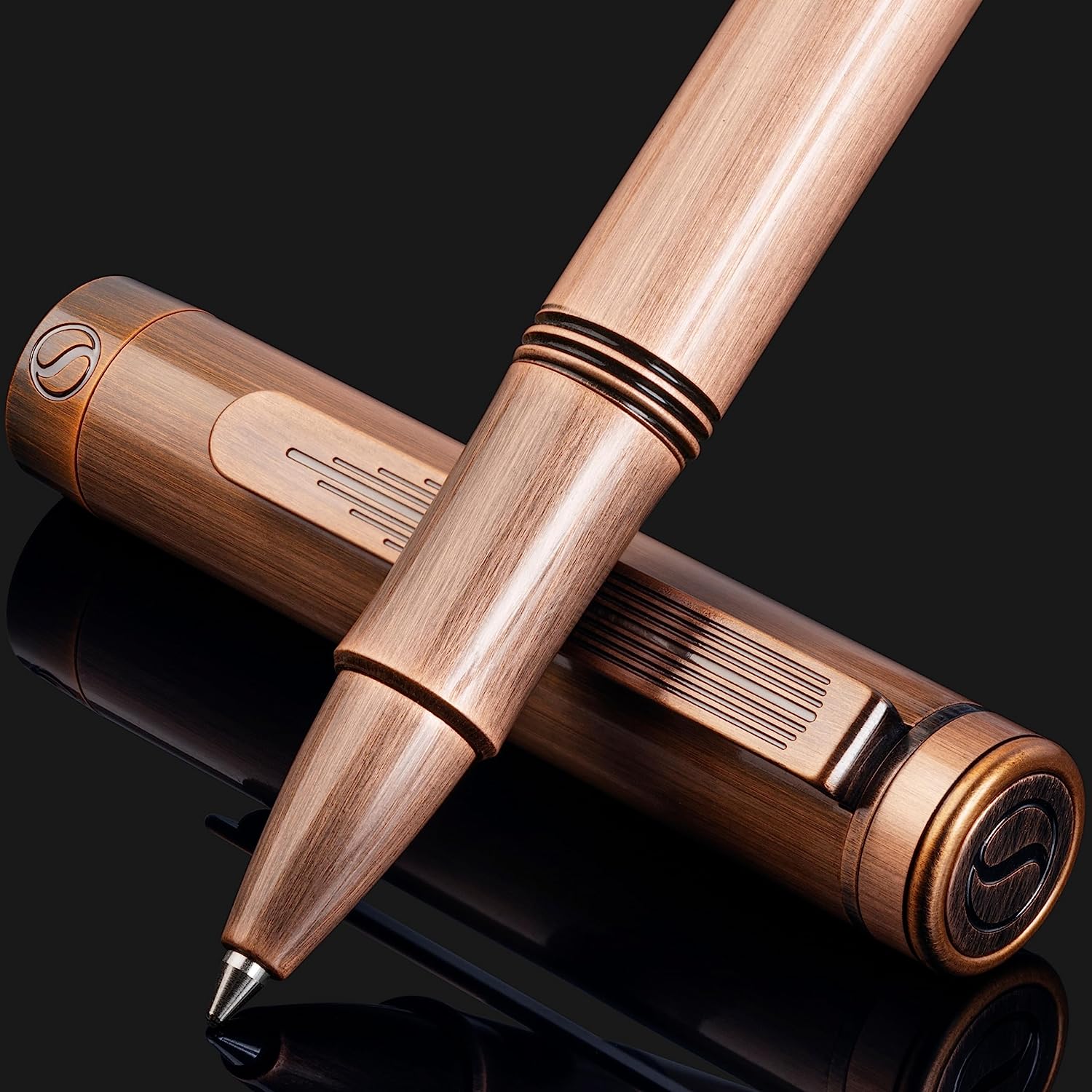 Scriveiner EDC Luxury Rollerball Pen, Stunning Heavy Pocket Pen, Hand Brushed Copper Finish