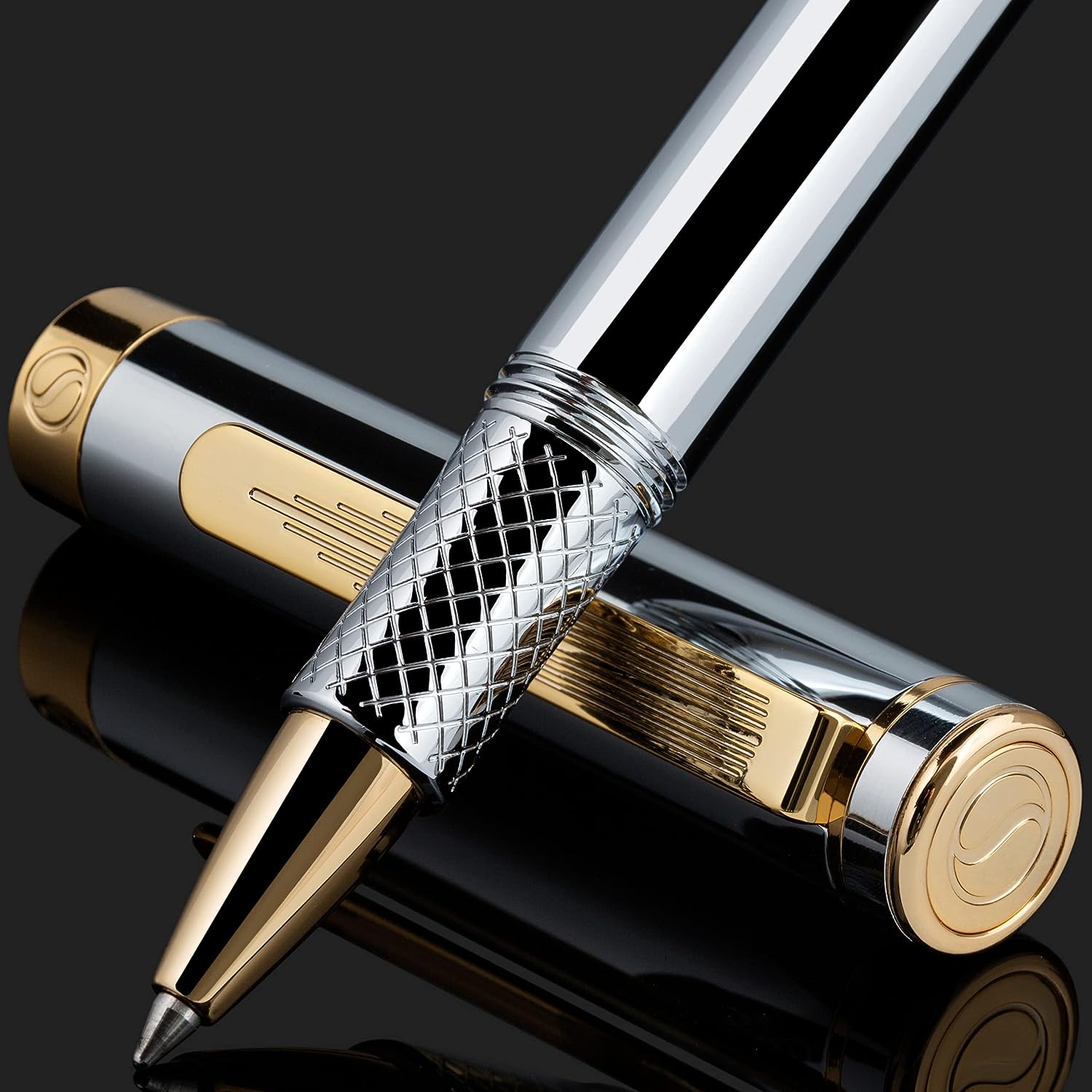 Scriveiner EDC Silver Chrome Rollerball, Award Winning Luxury Pen, Heavy Pocket Pen, 24K Gold Finish