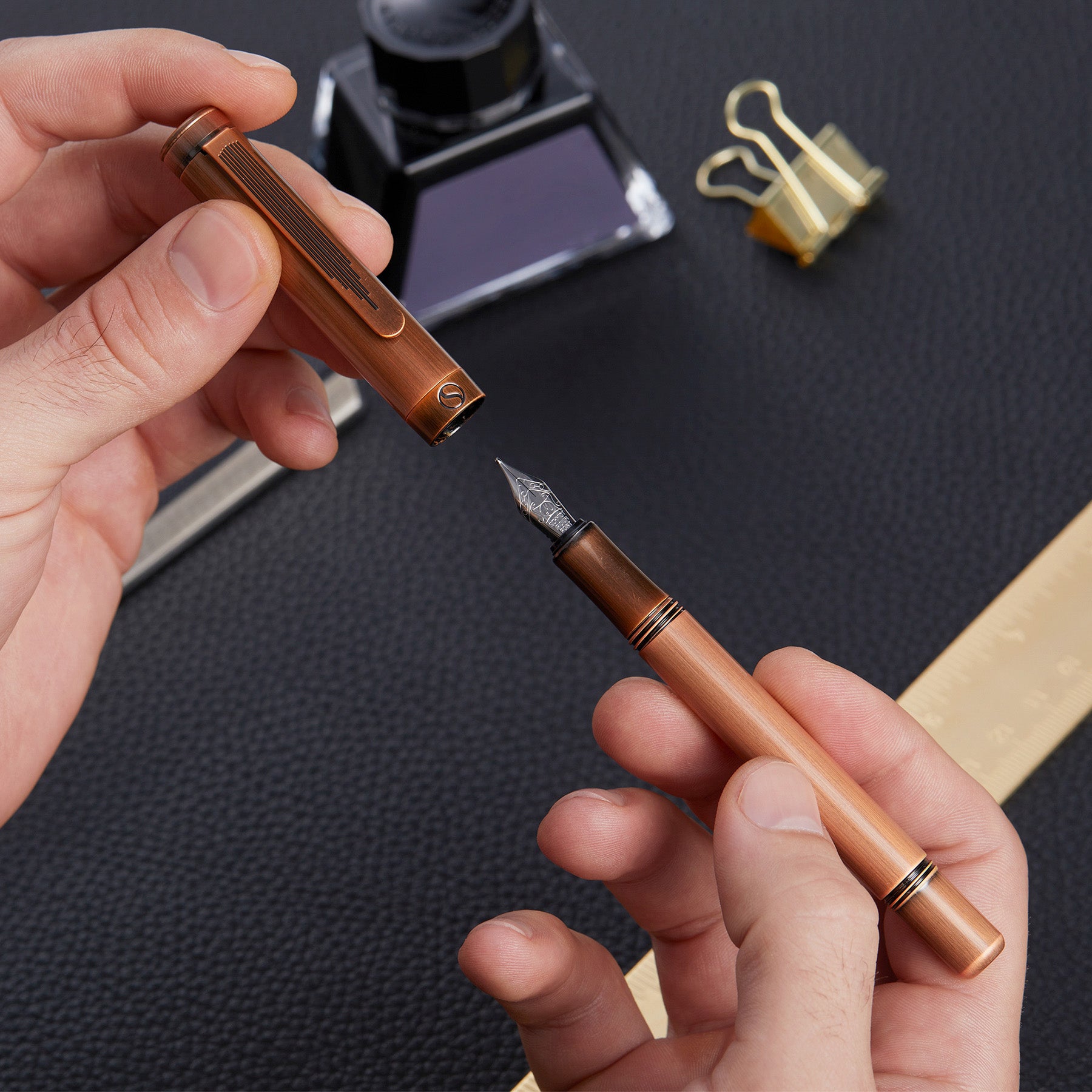 Scriveiner Luxury EDC Fountain Pen (Medium), Stunning Heavy Brass Pocket Pen, Hand Brushed Copper Finish