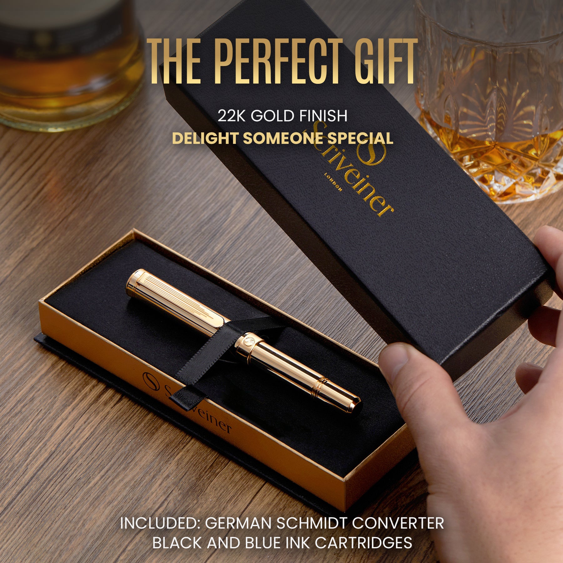 Scriveiner Gold Luxury Fountain Pen (Medium) - Award Winning - Heavy Pocket Pen, 22K Gold