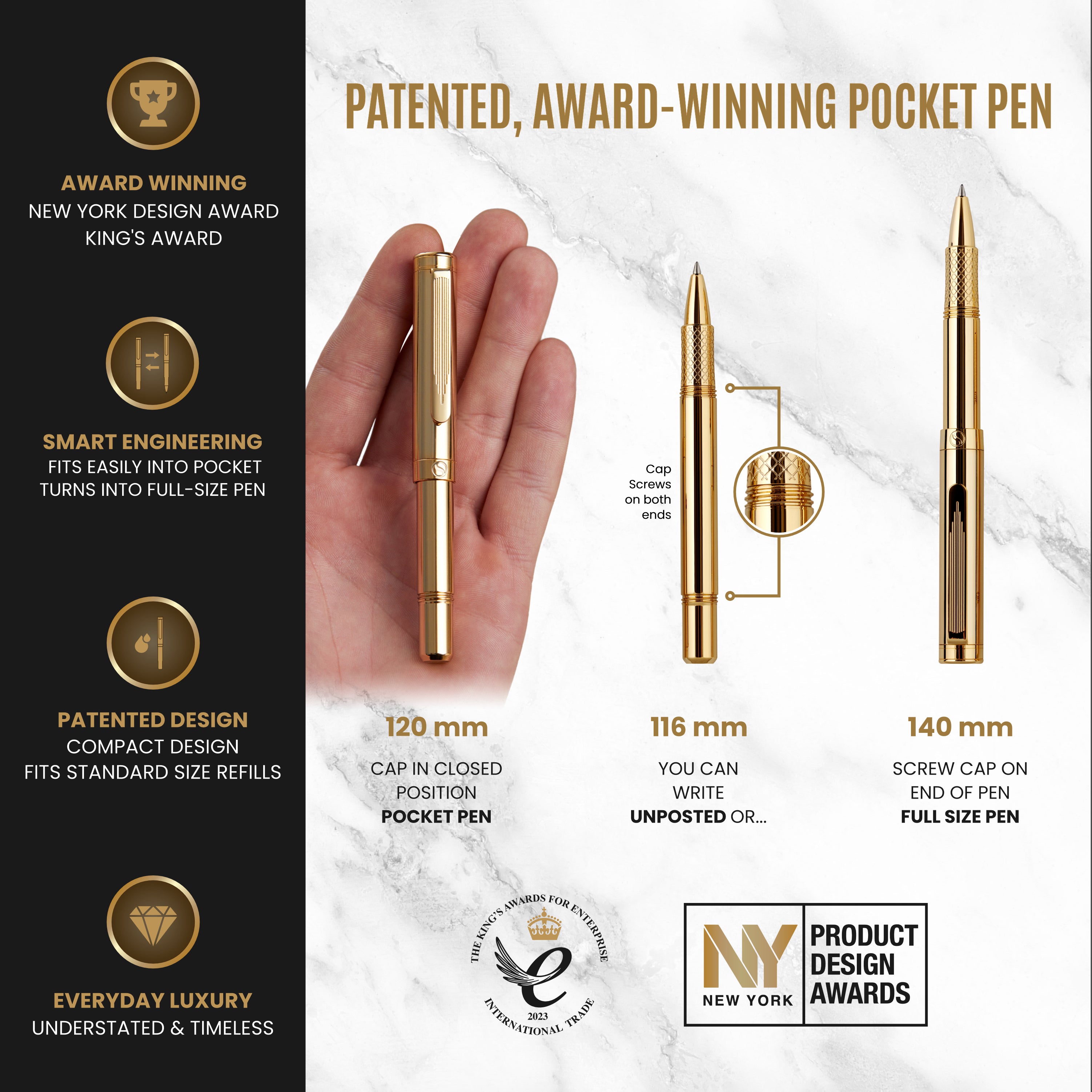 Scriveiner EDC Gold Rollerball Pen, Award Winning Luxury Pocket Pen with 22K Gold Plated Finish