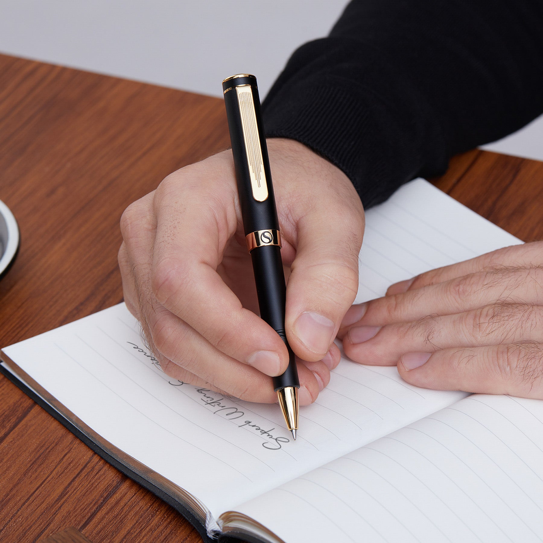 Scriveiner EDC Black Rollerball Luxury Pen, Stunning Pocket Pen with Gold Finish