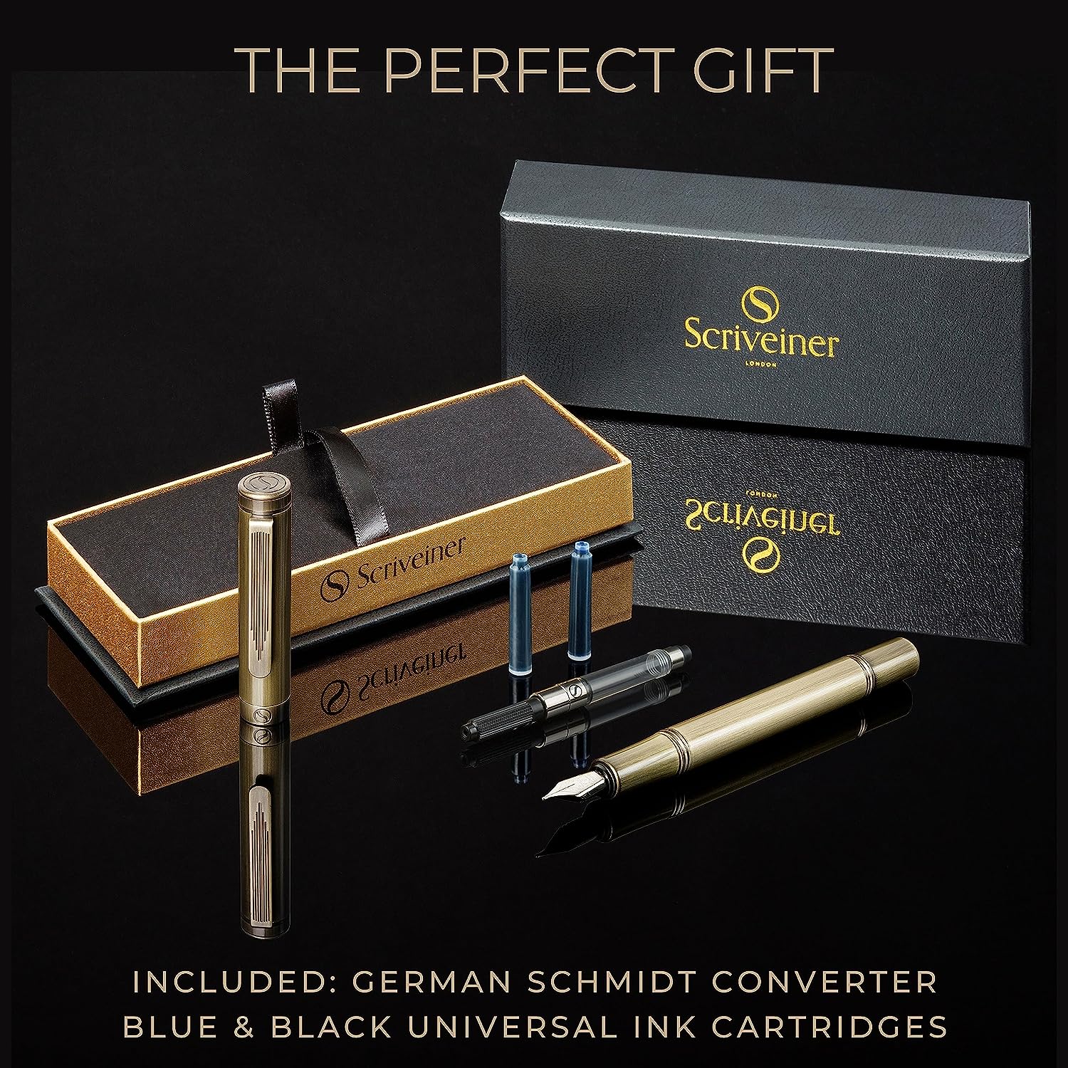 Scriveiner Luxury EDC Fountain Pen (Medium), Stunning Heavy Brass Pocket Pen, Hand Brushed Bronze Finish