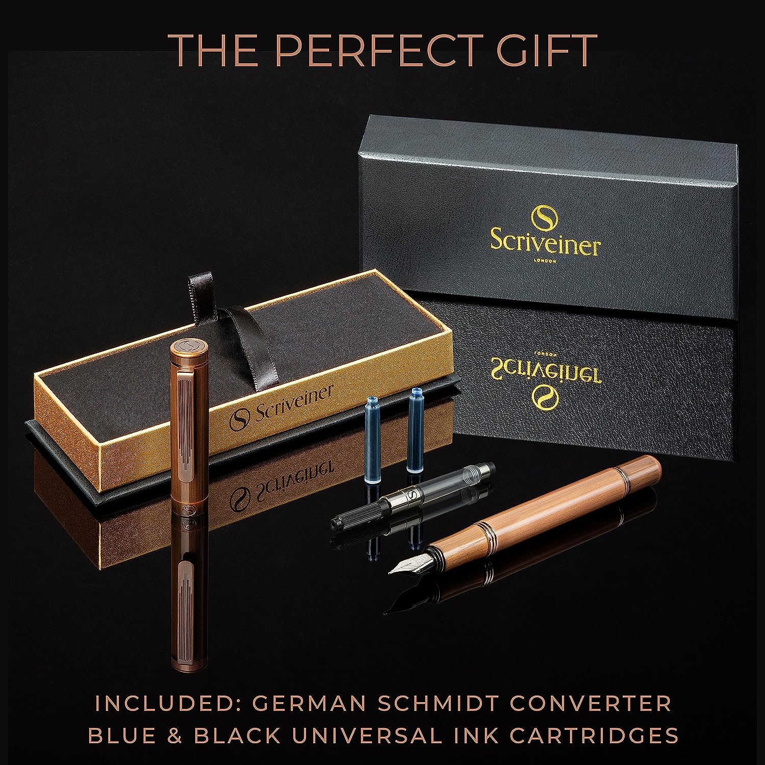 Scriveiner Luxury EDC Fountain Pen (Fine), Stunning Heavy Brass Pocket Pen, Hand Brushed Copper Finish