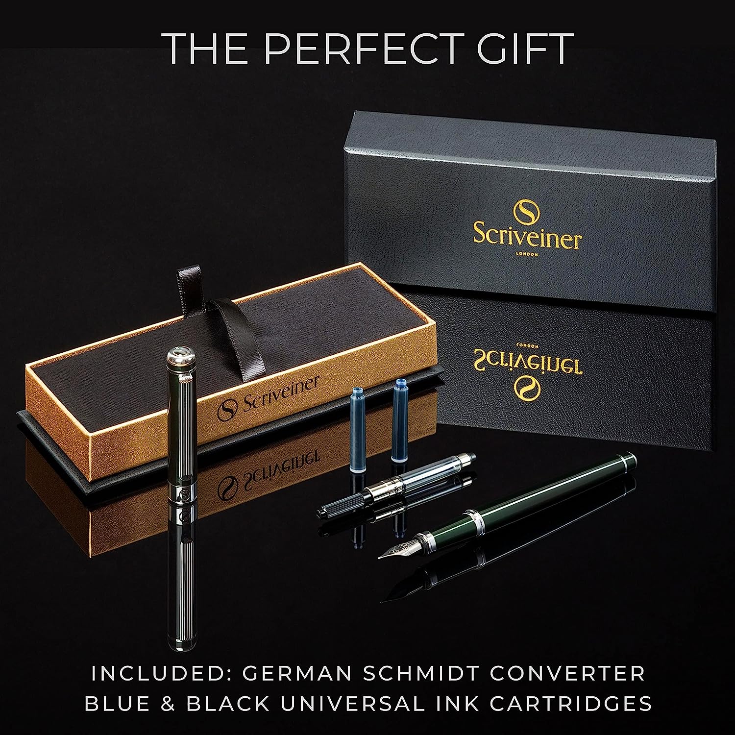 Scriveiner Black Green Fountain Pen (Fine)- Stunning Luxury Pen with Chrome Finish