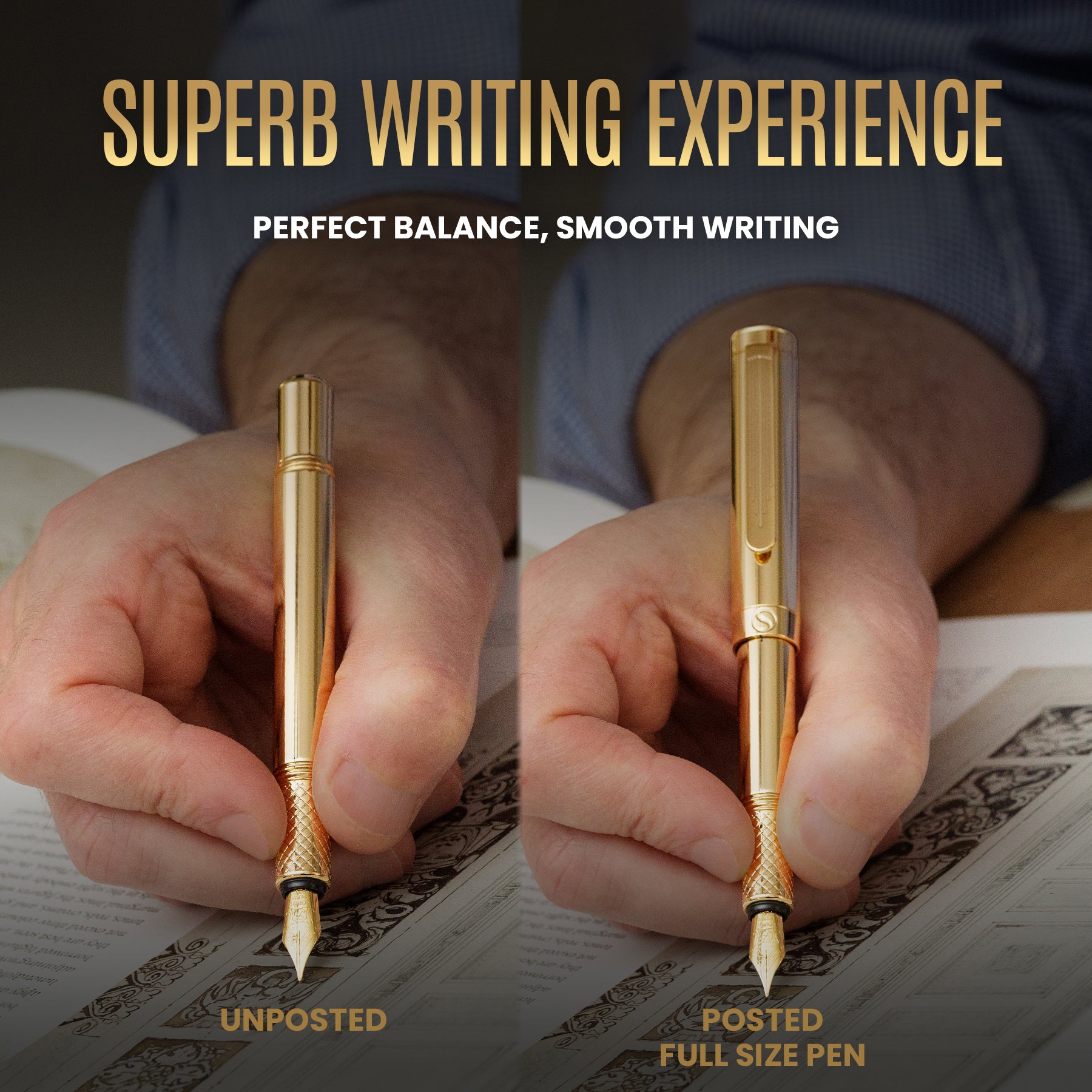 Scriveiner Gold Luxury Fountain Pen (Fine) - Award Winning - Heavy Pocket Pen, 22K Gold