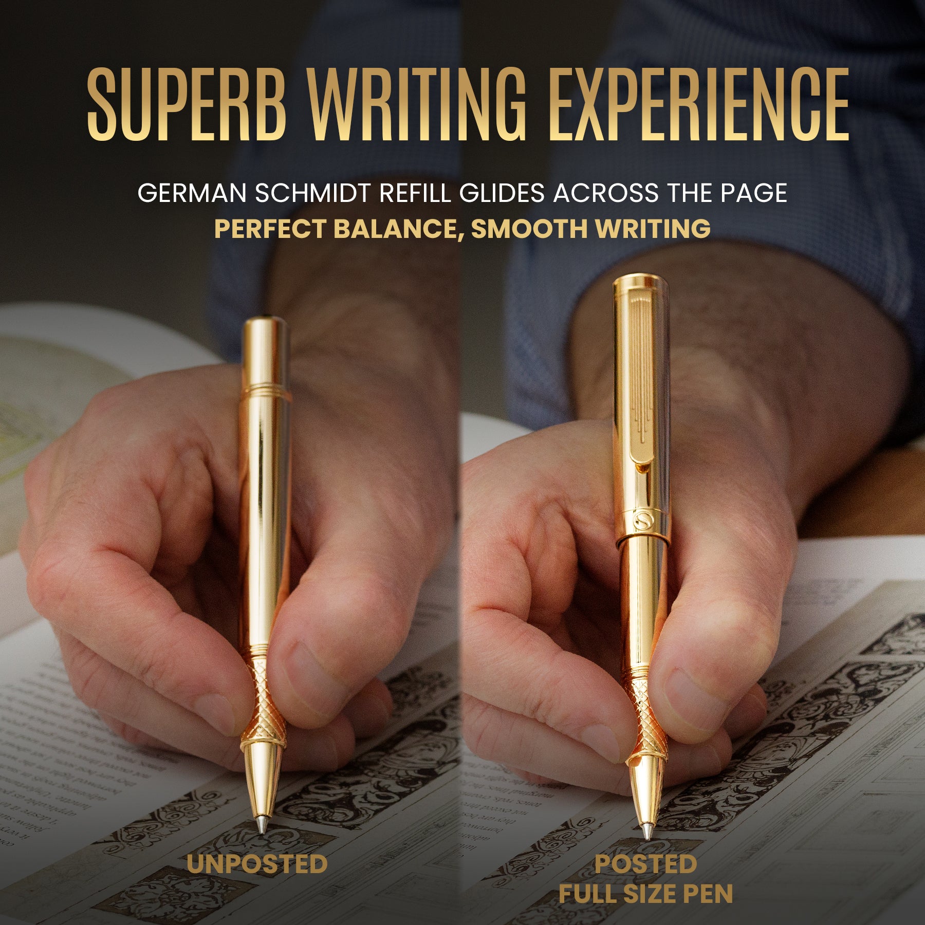 Scriveiner EDC Gold Rollerball Pen, Award Winning Luxury Pocket Pen with 22K Gold Plated Finish