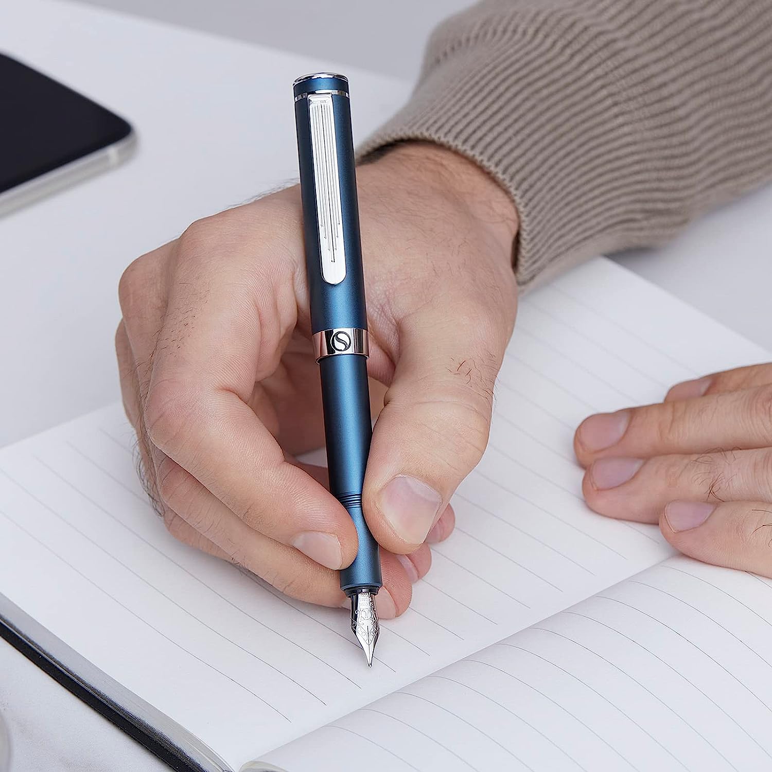 Scriveiner Luxury EDC Fountain Pen (Fine), Stunning Matt Blue Pocket Pen, Chrome Finish