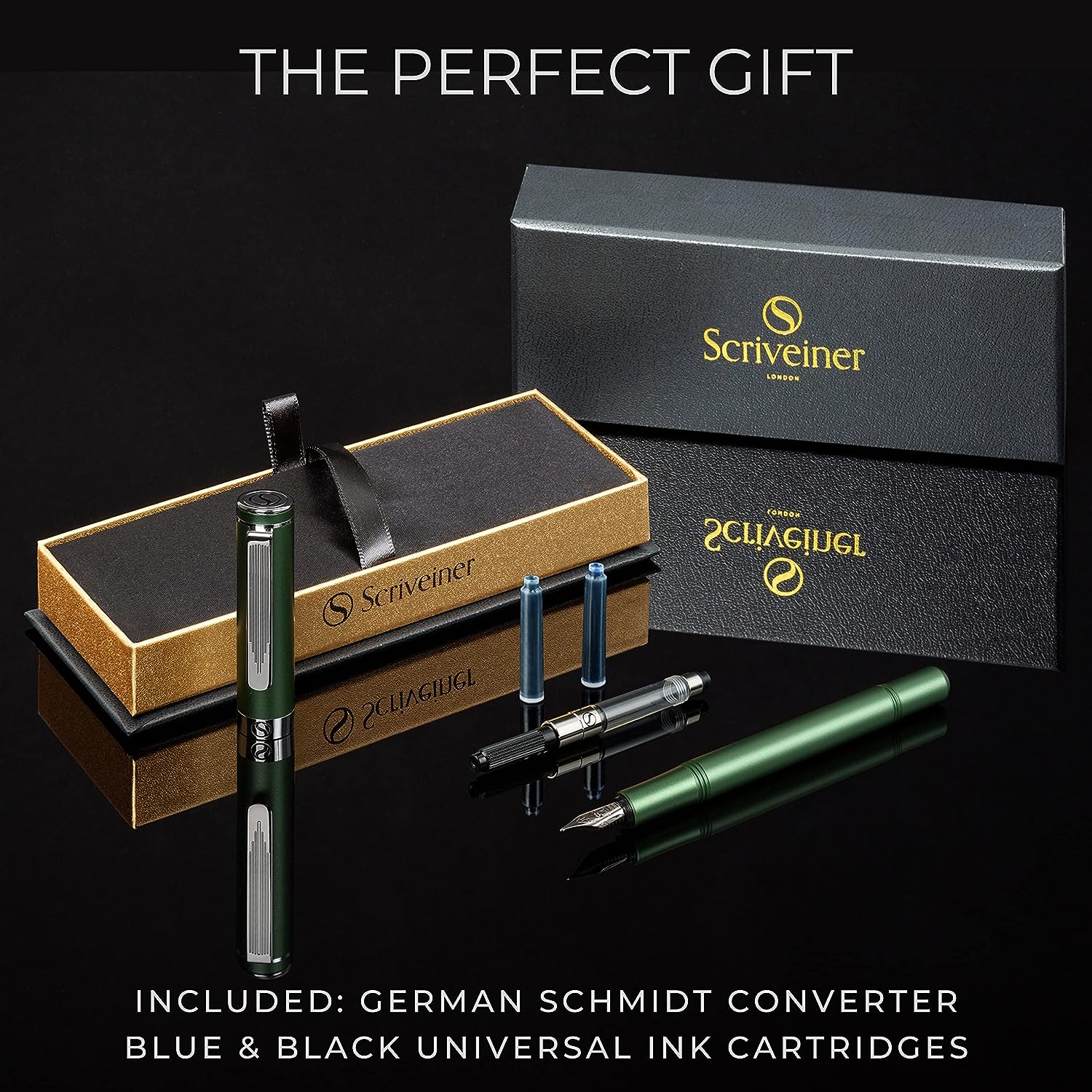 Scriveiner Luxury EDC Fountain Pen (Medium), Stunning Matt Green Pocket Pen, Chrome Finish