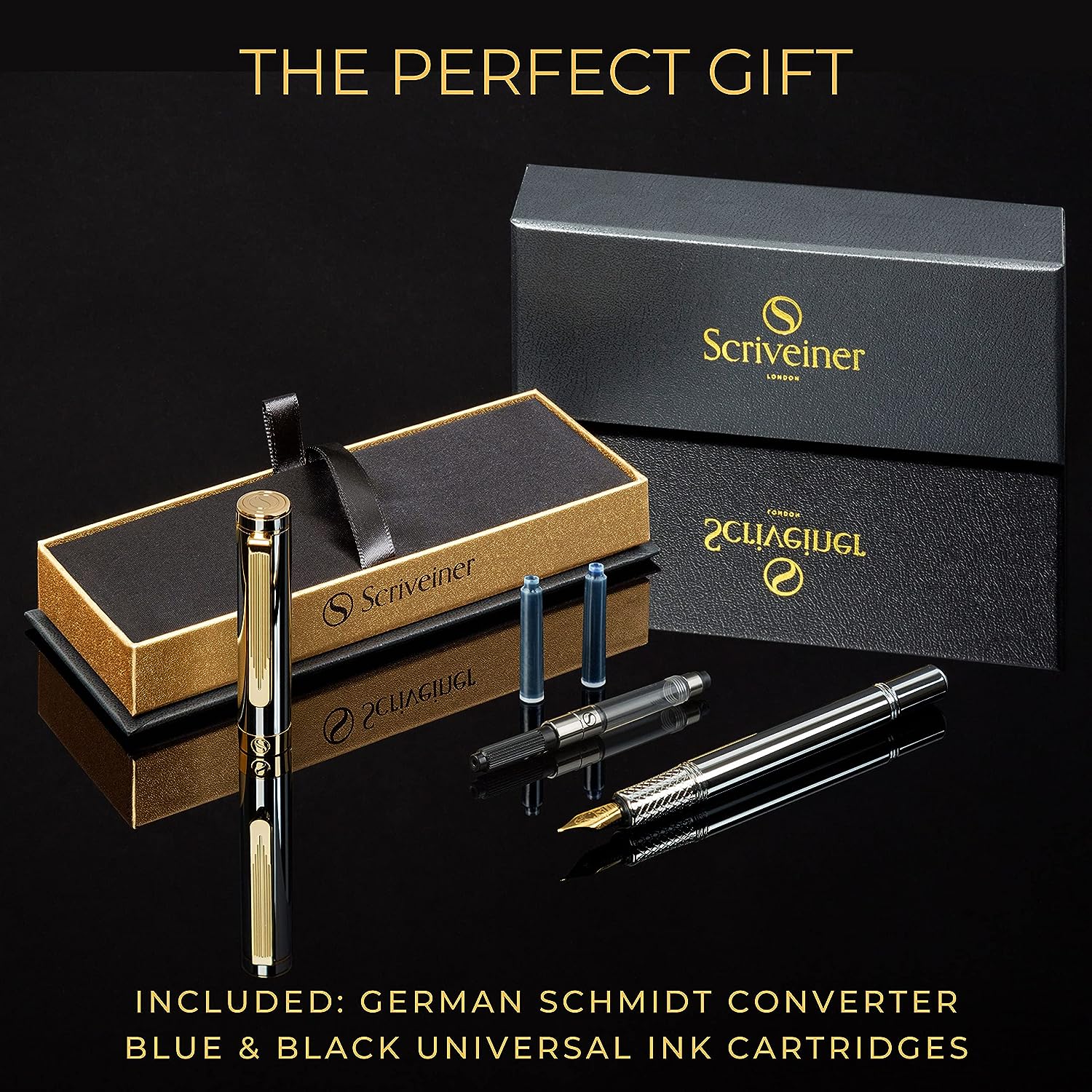 Scriveiner Silver Chrome Fountain Pen (Fine), Award Winning Luxury Pen, Heavy Pocket Pen with 24K Gold Finish