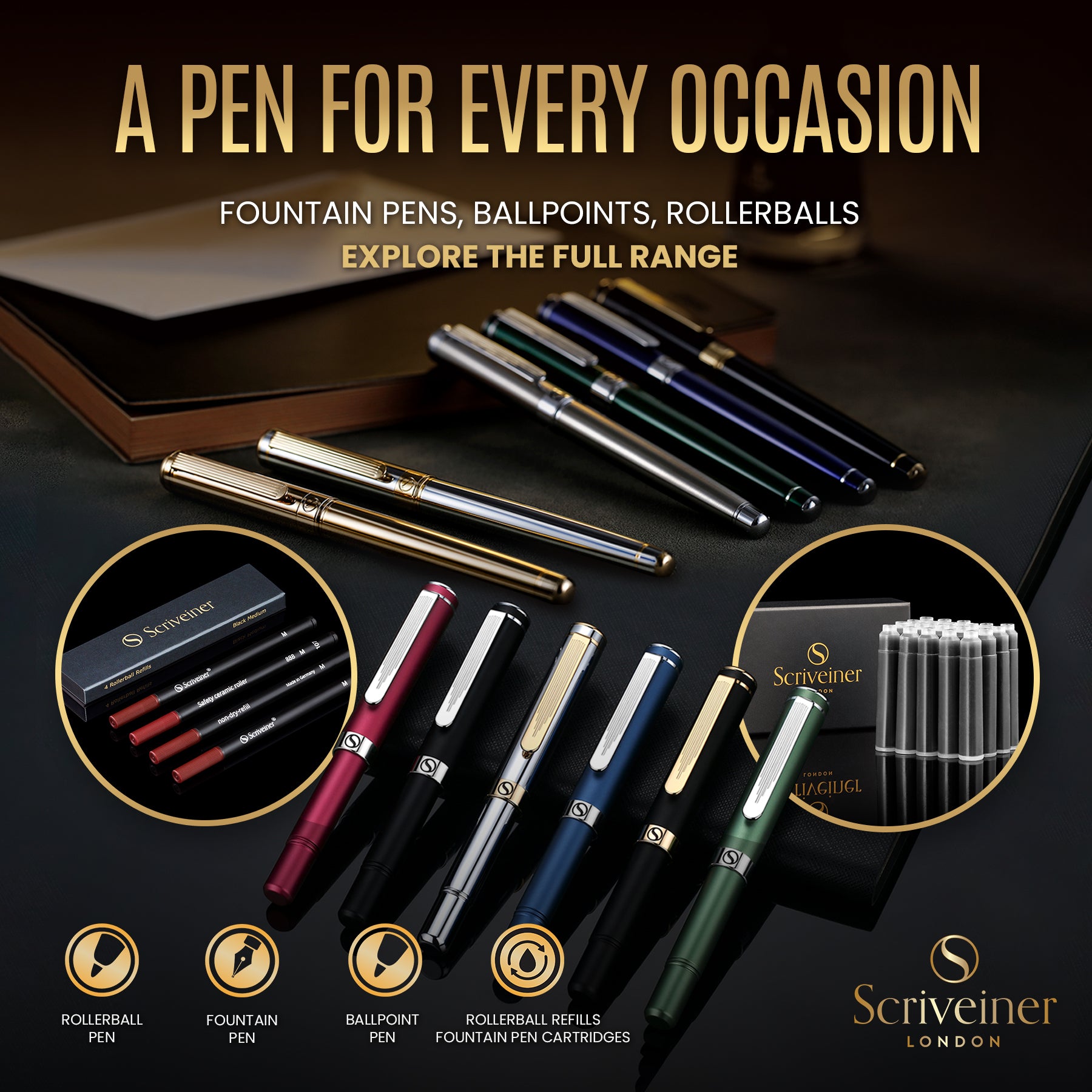 Scriveiner EDC Gold Rollerball Pen, Award Winning Luxury Pocket Pen with 22K Gold Plated Finish