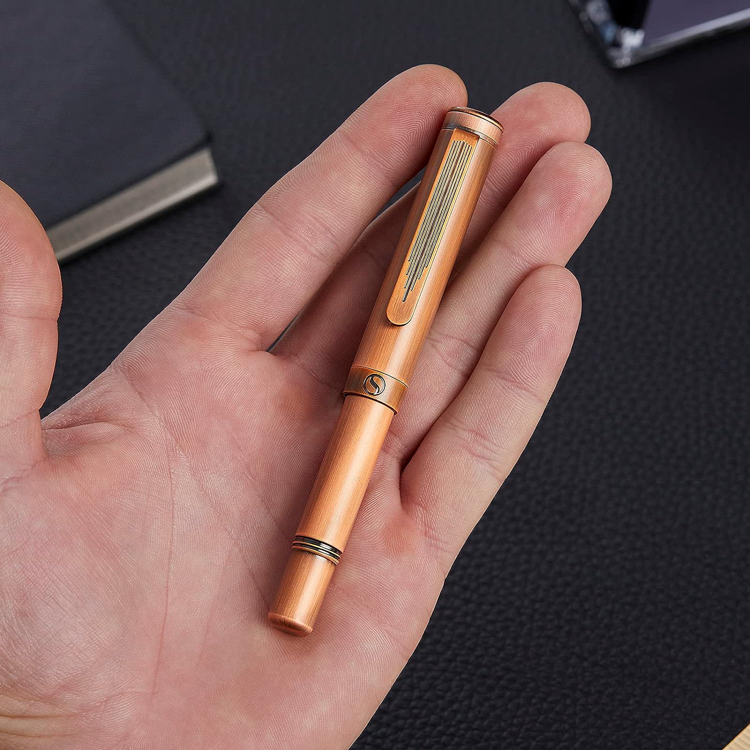 Scriveiner Luxury EDC Fountain Pen (Fine), Stunning Heavy Brass Pocket Pen, Hand Brushed Copper Finish