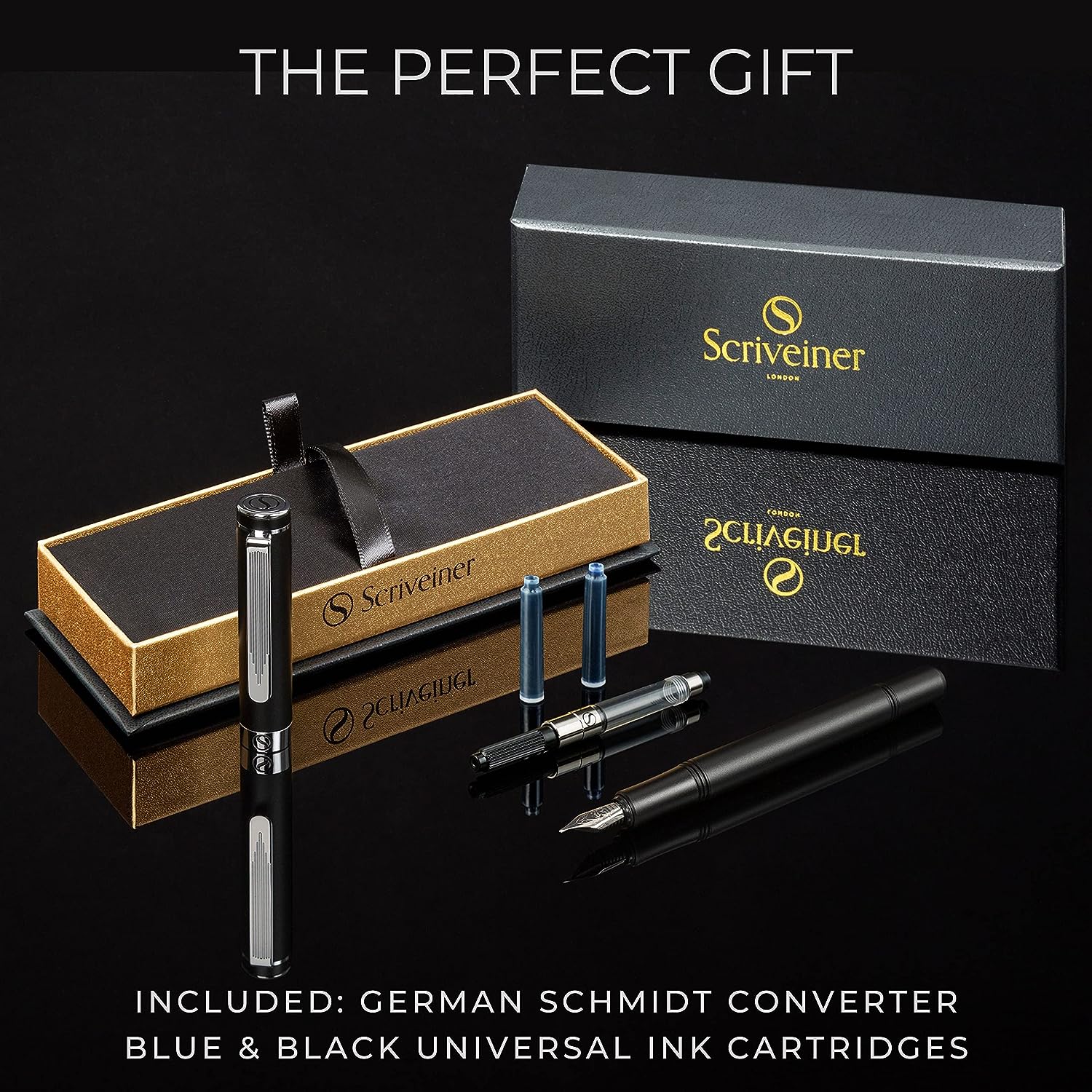 Scriveiner Luxury EDC Fountain Pen (Medium), Stunning Matt Black Pocket Pen, Chrome Finish