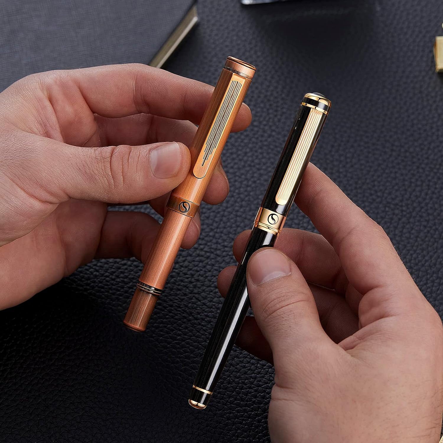 Scriveiner Luxury EDC Fountain Pen (Fine), Stunning Heavy Brass Pocket Pen, Hand Brushed Copper Finish