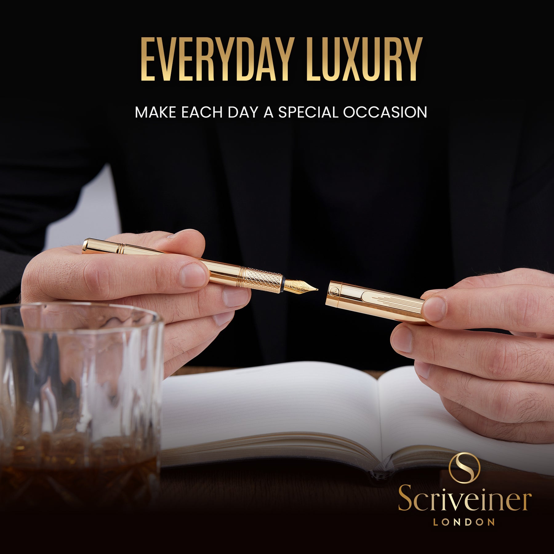 Scriveiner Gold Luxury Fountain Pen (Medium) - Award Winning - Heavy Pocket Pen, 22K Gold