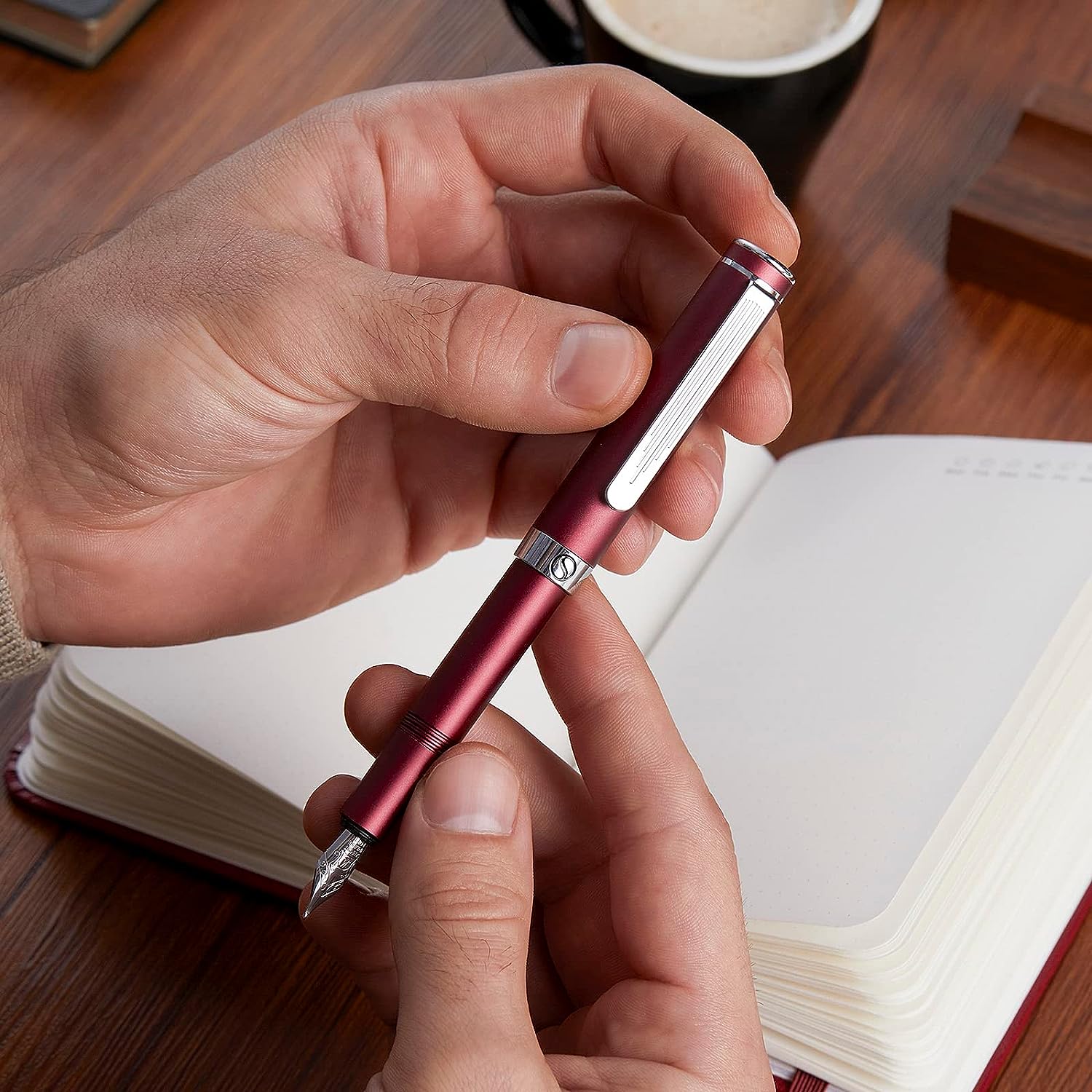 Scriveiner Luxury EDC Fountain Pen (Medium), Stunning Matt Red Pocket Pen, Chrome Finish