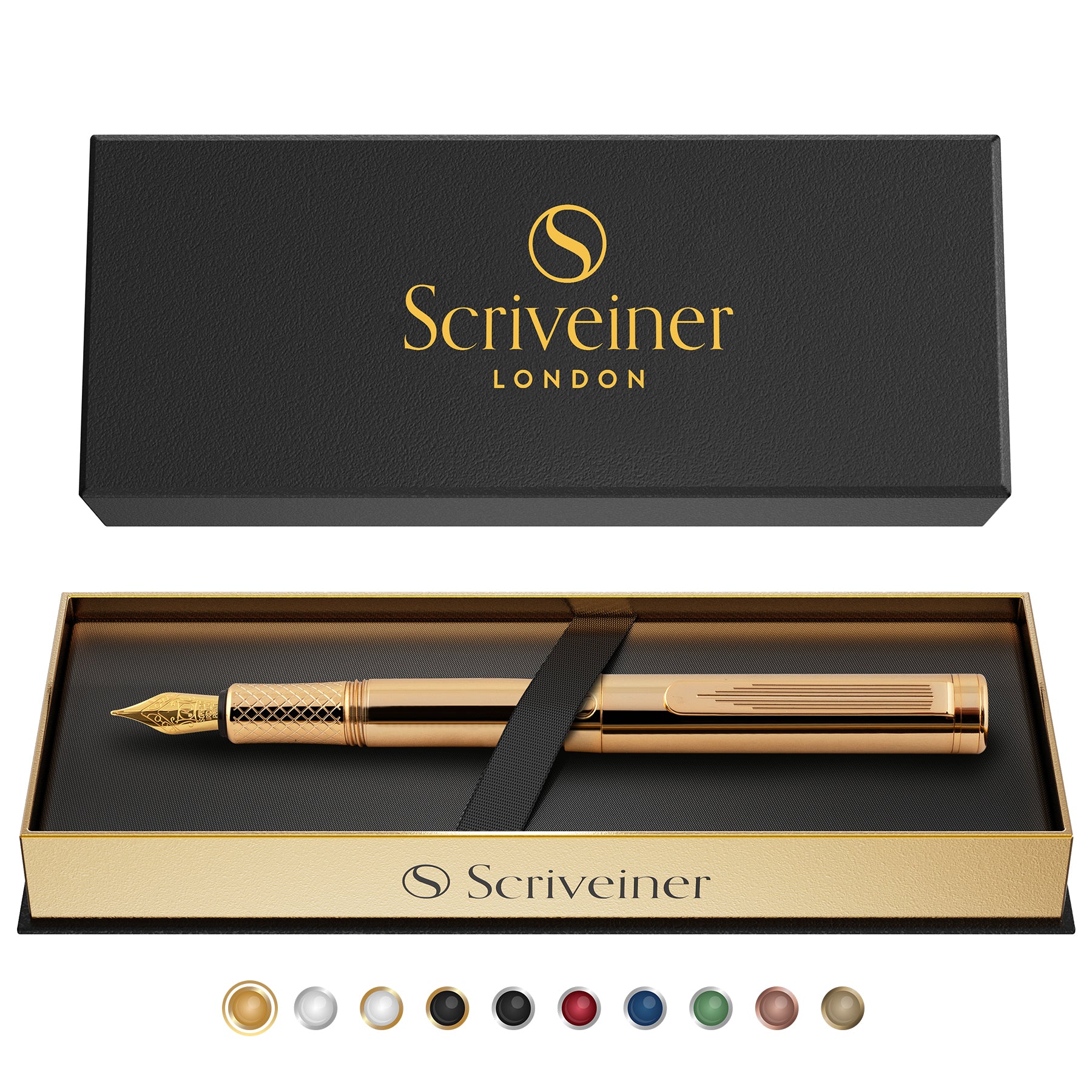 Scriveiner Gold Luxury Fountain Pen (Fine) - Award Winning - Heavy Pocket Pen, 22K Gold