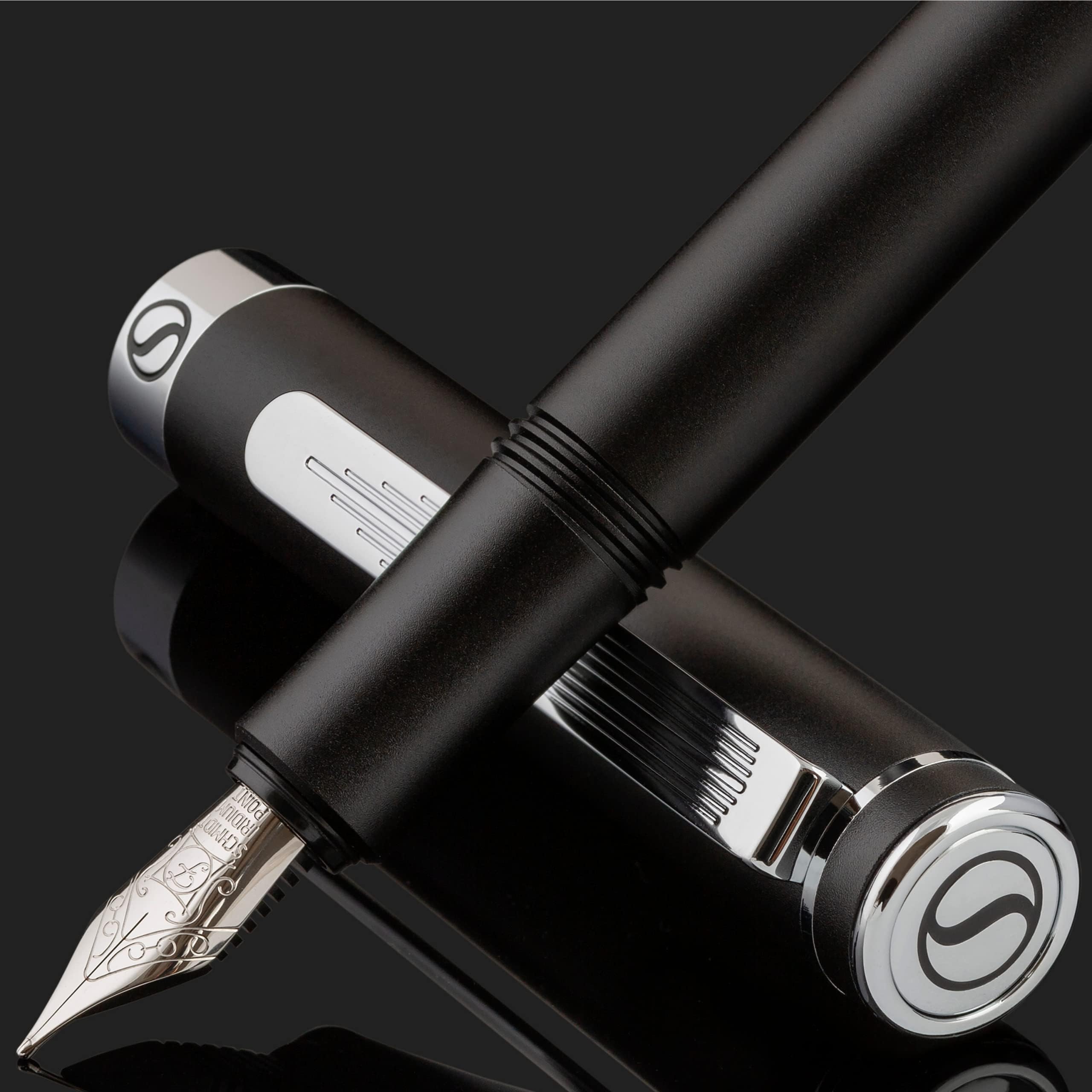 Scriveiner Luxury EDC Fountain Pen (Fine), Stunning Matt Black Pocket Pen, Chrome Finish