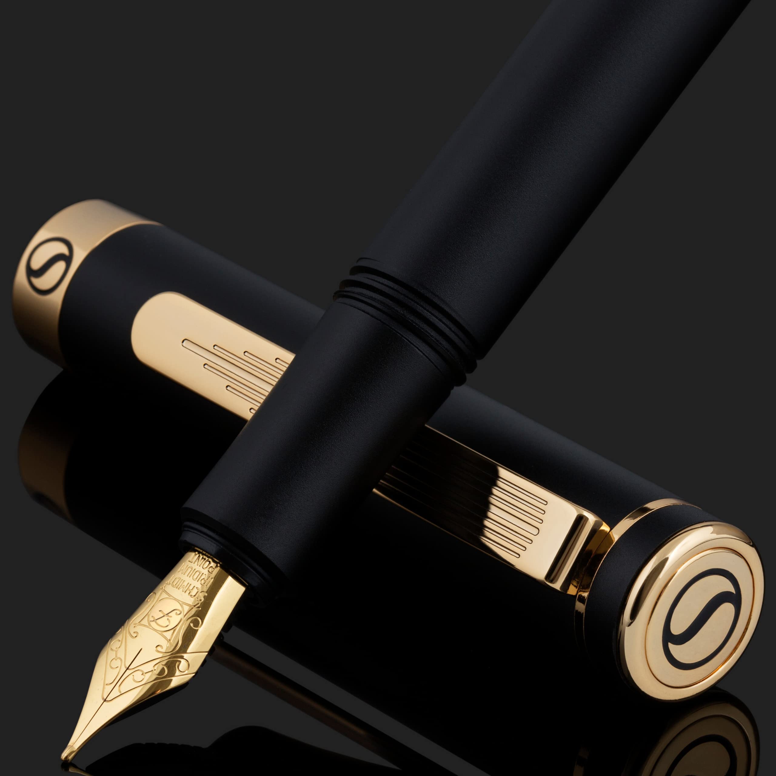 Scriveiner Luxury EDC Fountain Pen (Fine), Stunning Black Pocket Pen, 24K Gold Finish