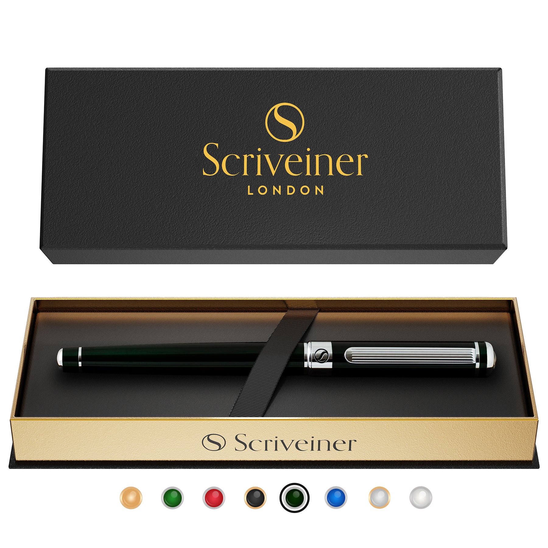 Scriveiner Black Green Rollerball Pen - Stunning Luxury Pen, Chrome Finish